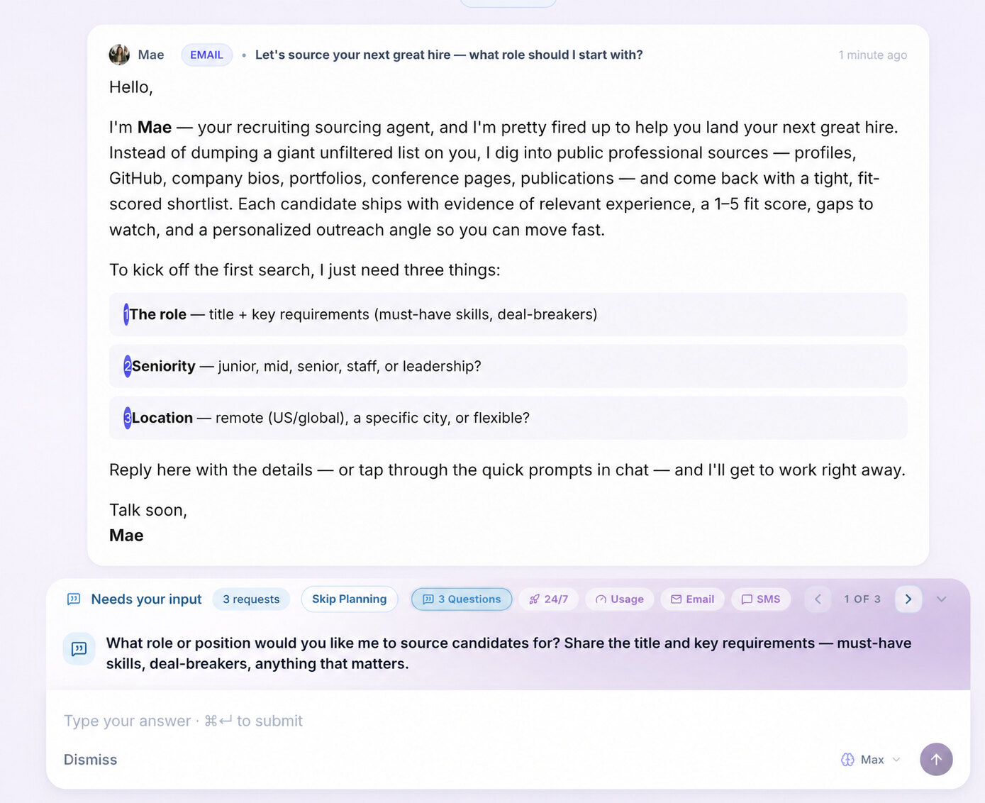Gobii recruiting AI teammate Mae collecting role, seniority, and location requirements before beginning candidate research