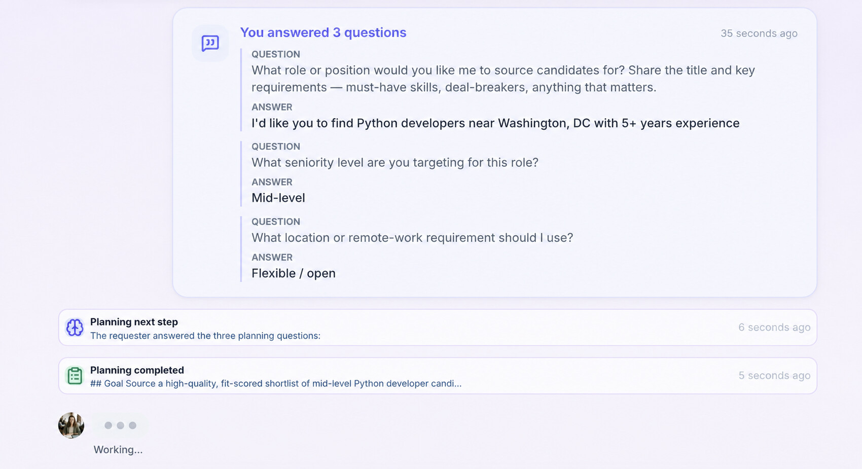 Gobii AI teammate turning confirmed recruiting requirements into a sourcing plan and beginning execution