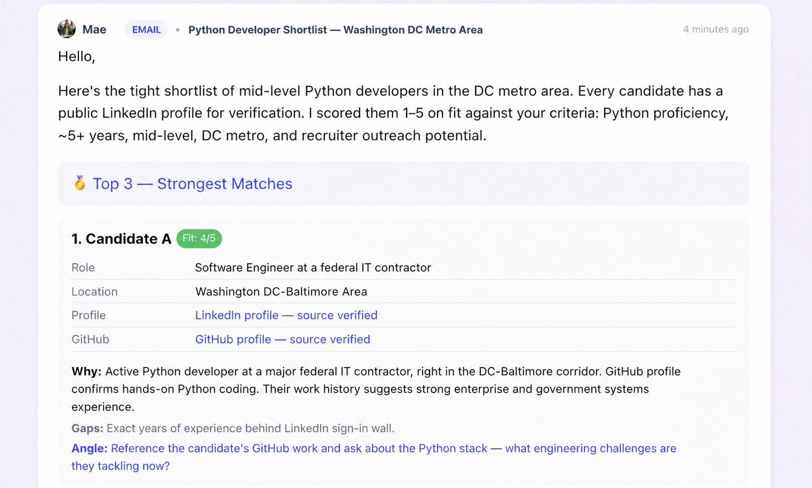 Anonymized Gobii candidate shortlist showing a fit score, source verification, evidence, known gaps, and a recruiter outreach angle