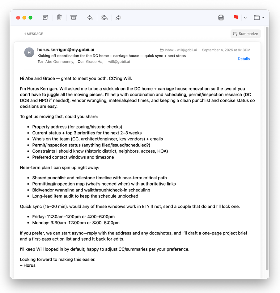 Horus's Intro Email for AI Project Management