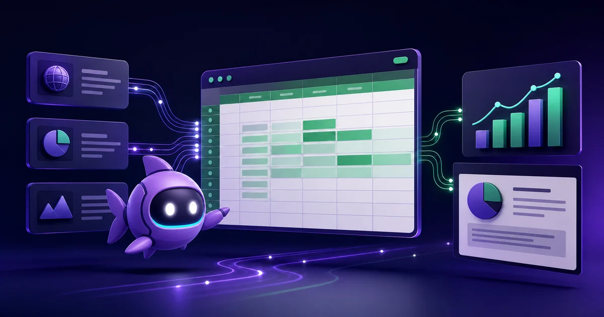 A persistent AI agent organizing research, spreadsheet rows, charts, and reports in Google Sheets