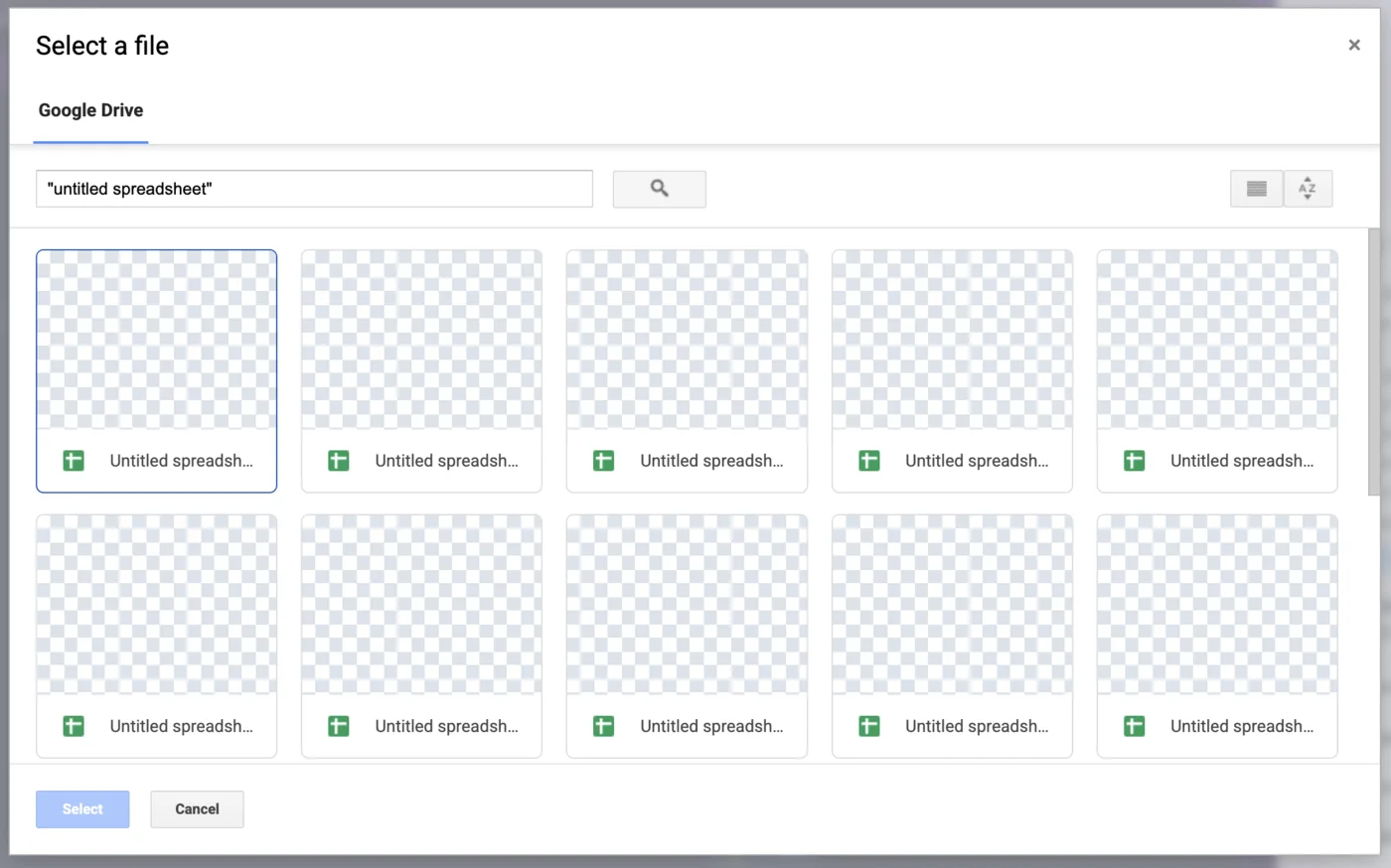 Google Drive file picker showing spreadsheet files available for selection