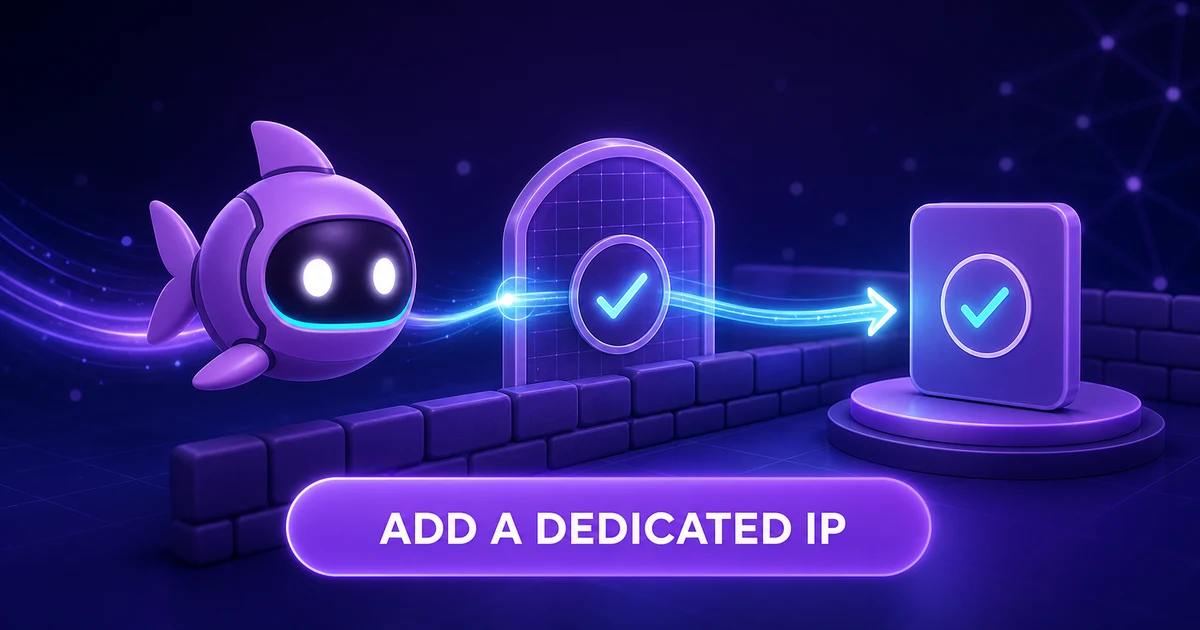 Gobii AI agent routes through a firewall gateway to an approved service with a CTA to add a dedicated IP