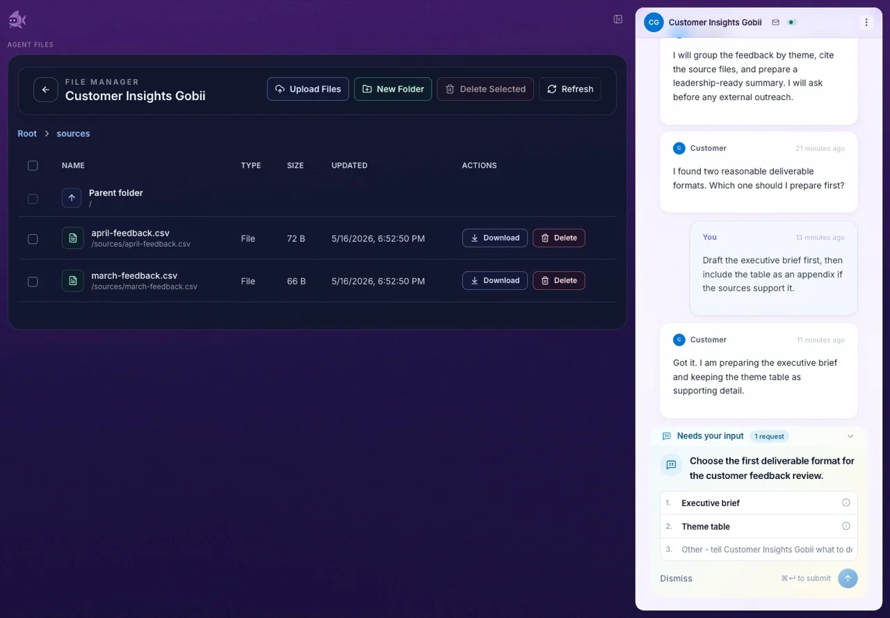 Gobii filespace showing reusable source CSV files beside an agent conversation and timeline