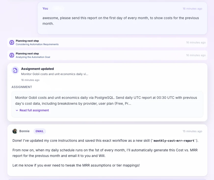 Gobii conversation showing an agent save a monthly cost versus MRR reporting workflow as a new skill