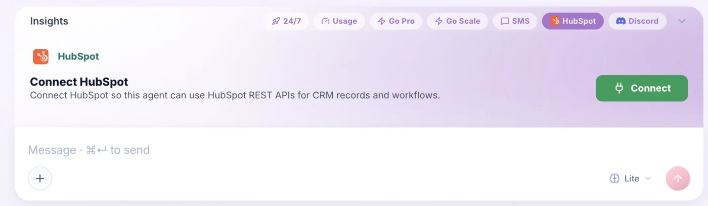 Gobii chat insights panel showing a HubSpot connection card with a Connect button