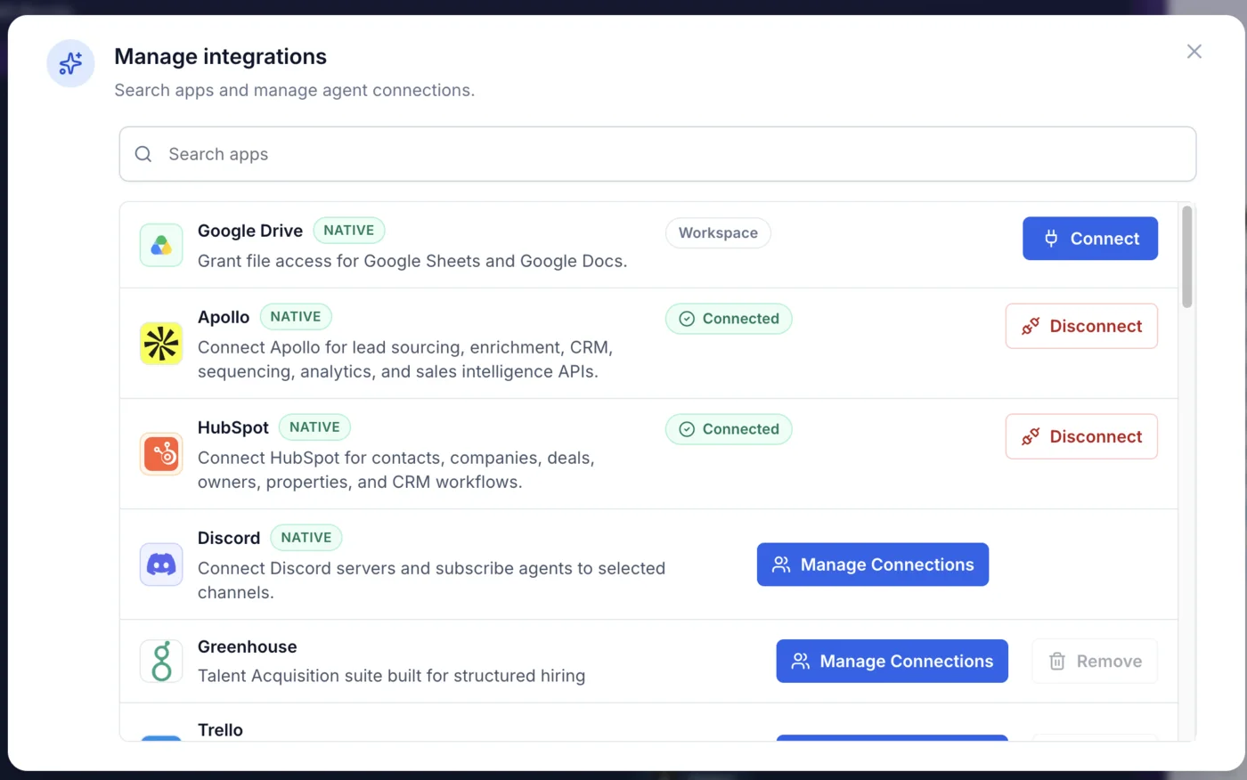Gobii Manage integrations dialog listing native and connected apps with connection controls