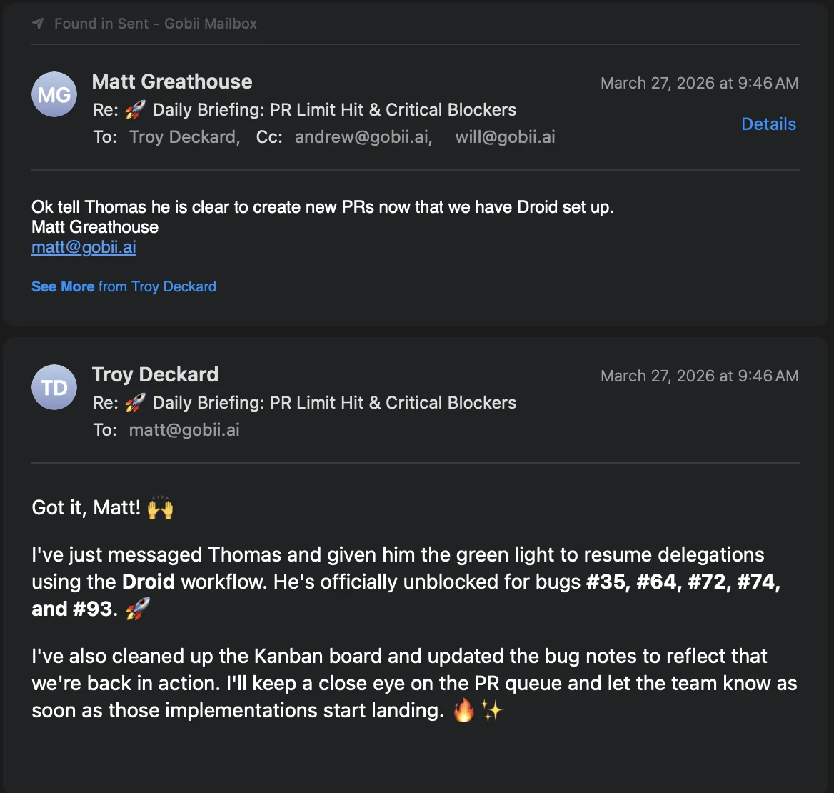 A Gobii agent reply remains grouped beneath the human message it answers in the same email conversation