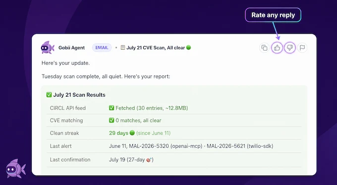A Gobii chat message with thumbs-up and thumbs-down controls for rating an agent reply