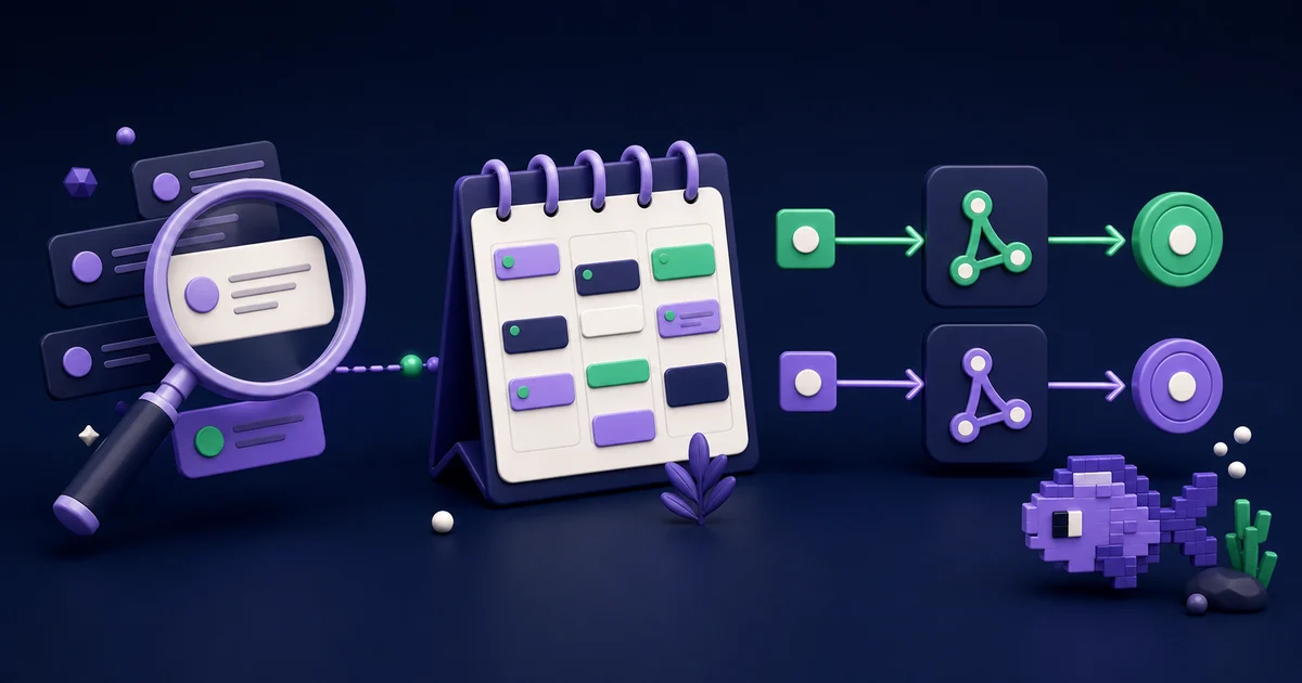 An organized AI agent workspace with message search, calendar schedules, connected webhooks, and a purple digital pet