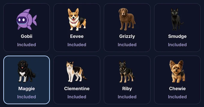 The Gobii Pets chooser showing eight optional workspace companions