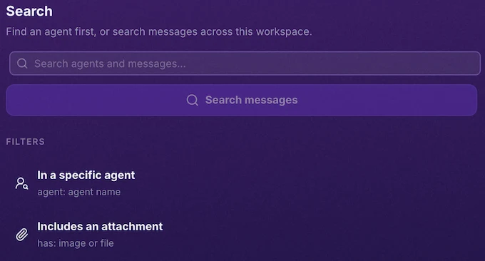 Gobii workspace message search showing agent and attachment filters