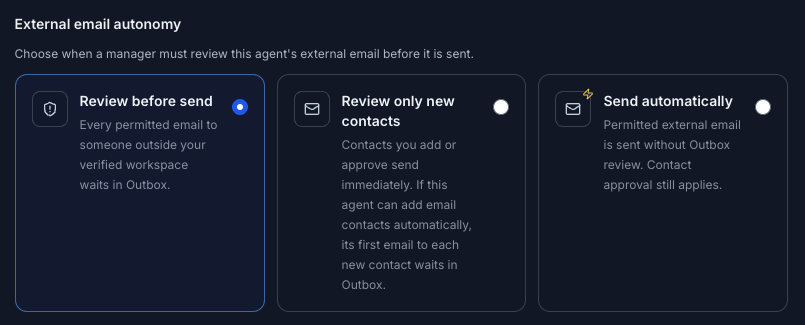Gobii external email autonomy settings with options to review every message, review new contacts, or send automatically