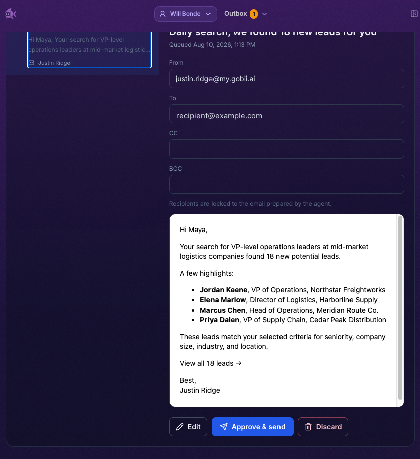 Gobii Outbox preview showing an agent-written email with Edit, Approve and send, and Discard controls
